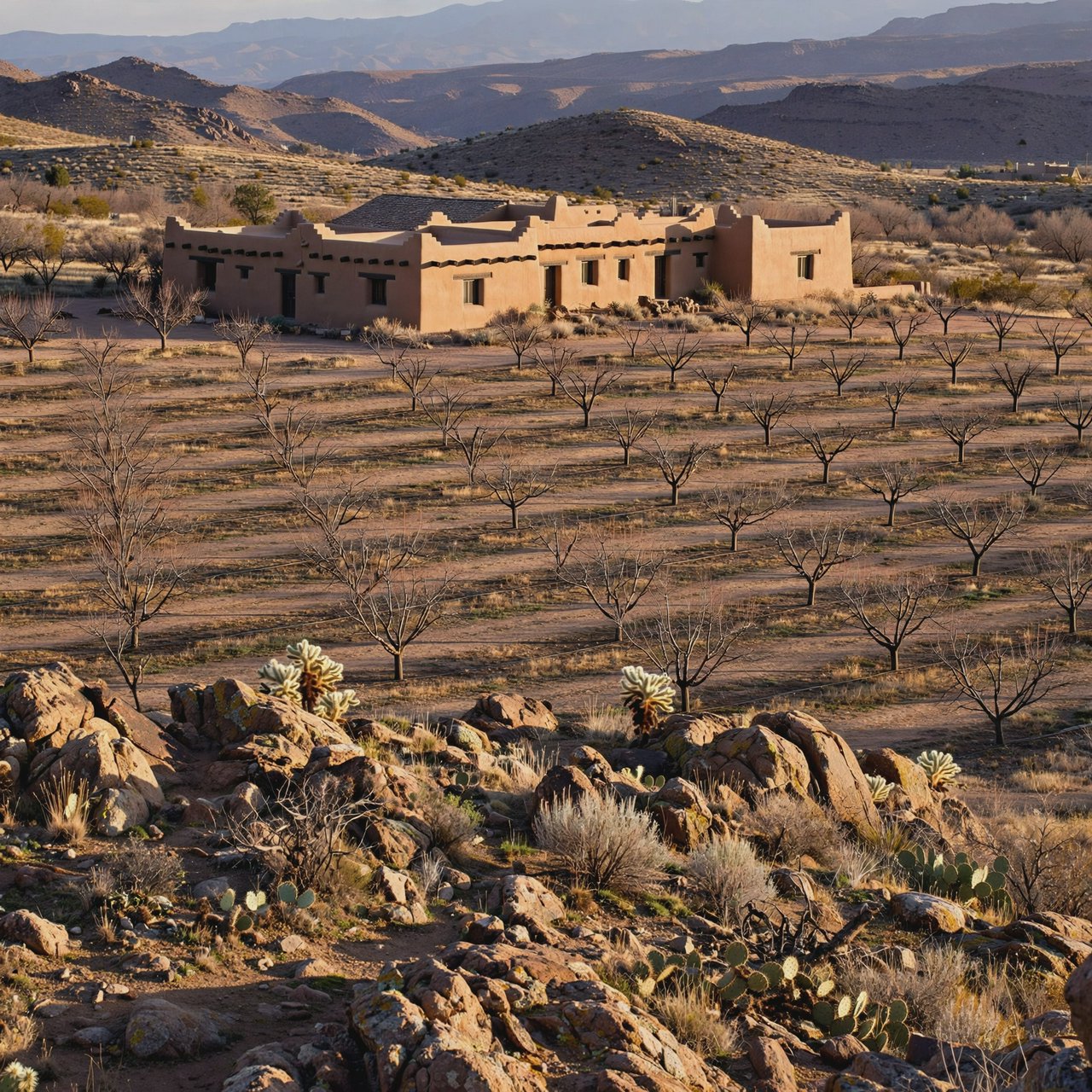 Beyond dry orchard rows, a Pueblo Revival adobe house settles into the desert foothills, with timber lintels and a muted clay roof; warm late-afternoon light, viewed from a rocky rise, reveals clean geometry and credible construction. — Muse Image 1.0
