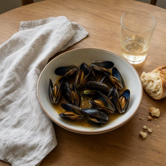 Beside a rumpled linen napkin, an in-progress supper shows a shallow bowl of mussels, torn bread, and a half-full glass on a wooden table. A natural-light dining snapshot, shot at 50mm with shallow depth of field, catches crumbs and glossy broth. — Qwen Image 3.0