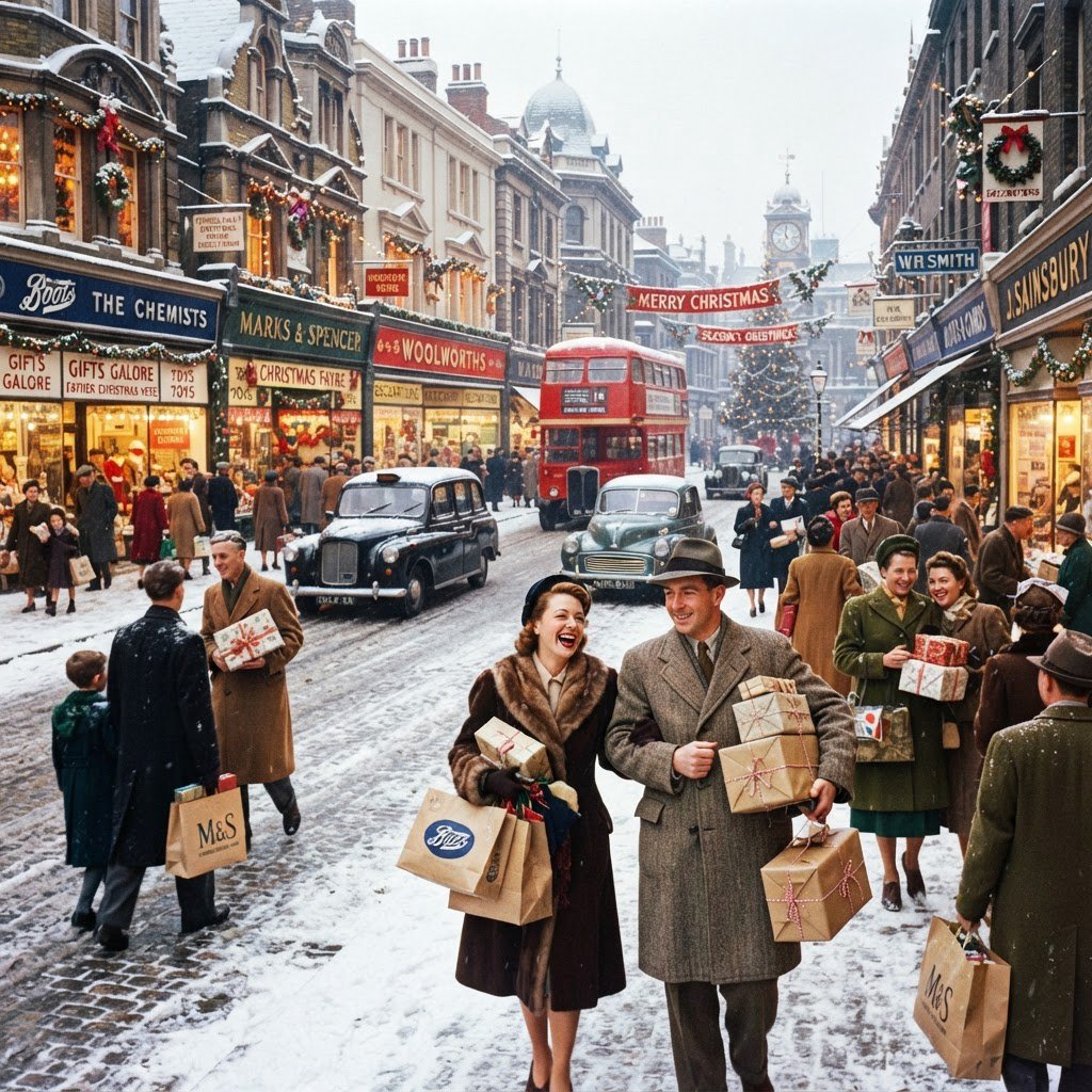 A UK High Street in the 1950s at Christmas time. The roads are covered in snow. The shop windows are decked out for Christmas and the happy adult shoppers are loaded up with gifts for loved ones. The mood is bright and Christmassy. — Nano Banana 2 Lite