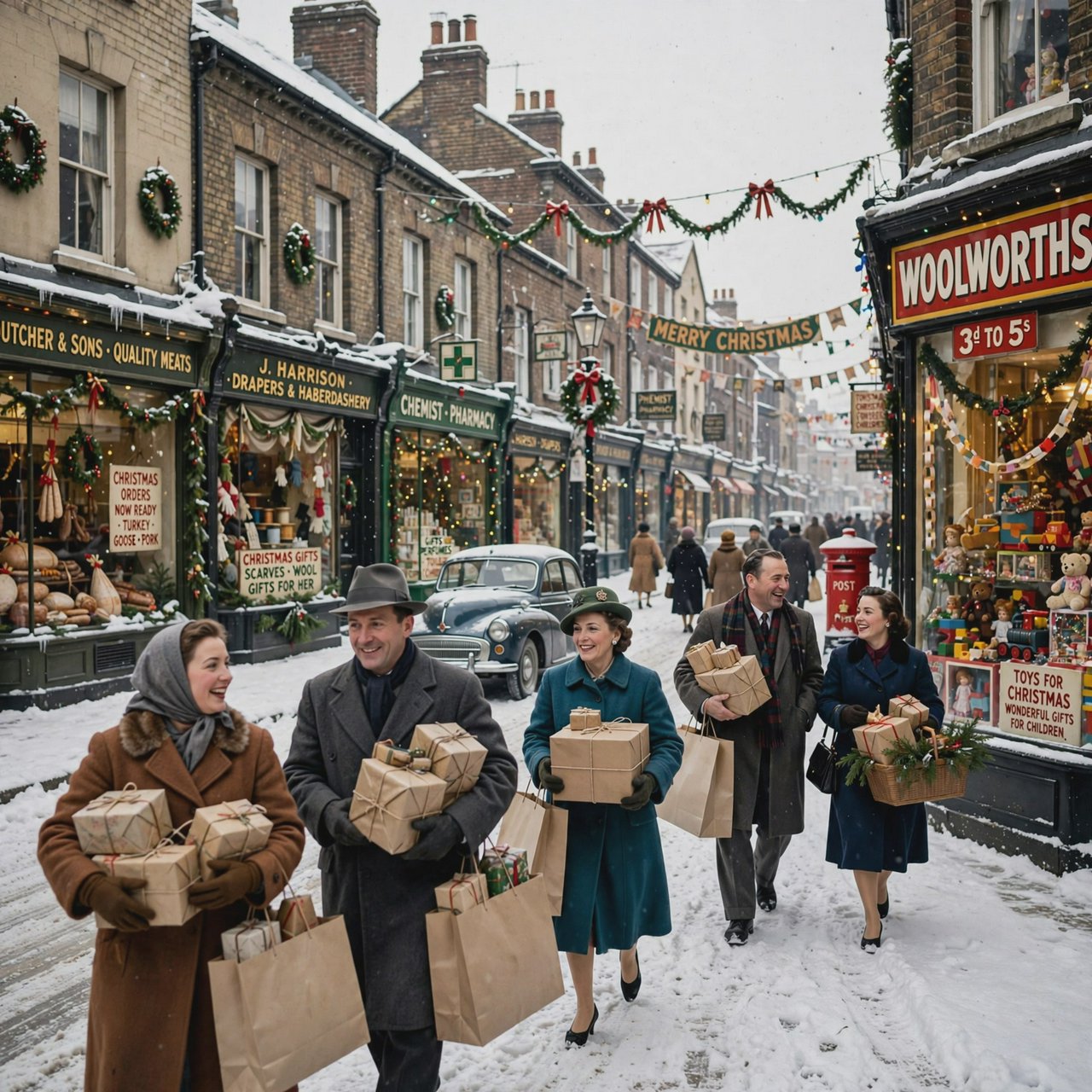 A UK High Street in the 1950s at Christmas time. The roads are covered in snow. The shop windows are decked out for Christmas and the happy adult shoppers are loaded up with gifts for loved ones. The mood is bright and Christmassy. — Muse Image 1.0