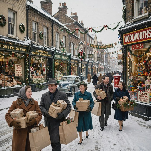 A UK High Street in the 1950s at Christmas time. The roads are covered in snow. The shop windows are decked out for Christmas and the happy adult shoppers are loaded up with gifts for loved ones. The mood is bright and Christmassy. — Model 14