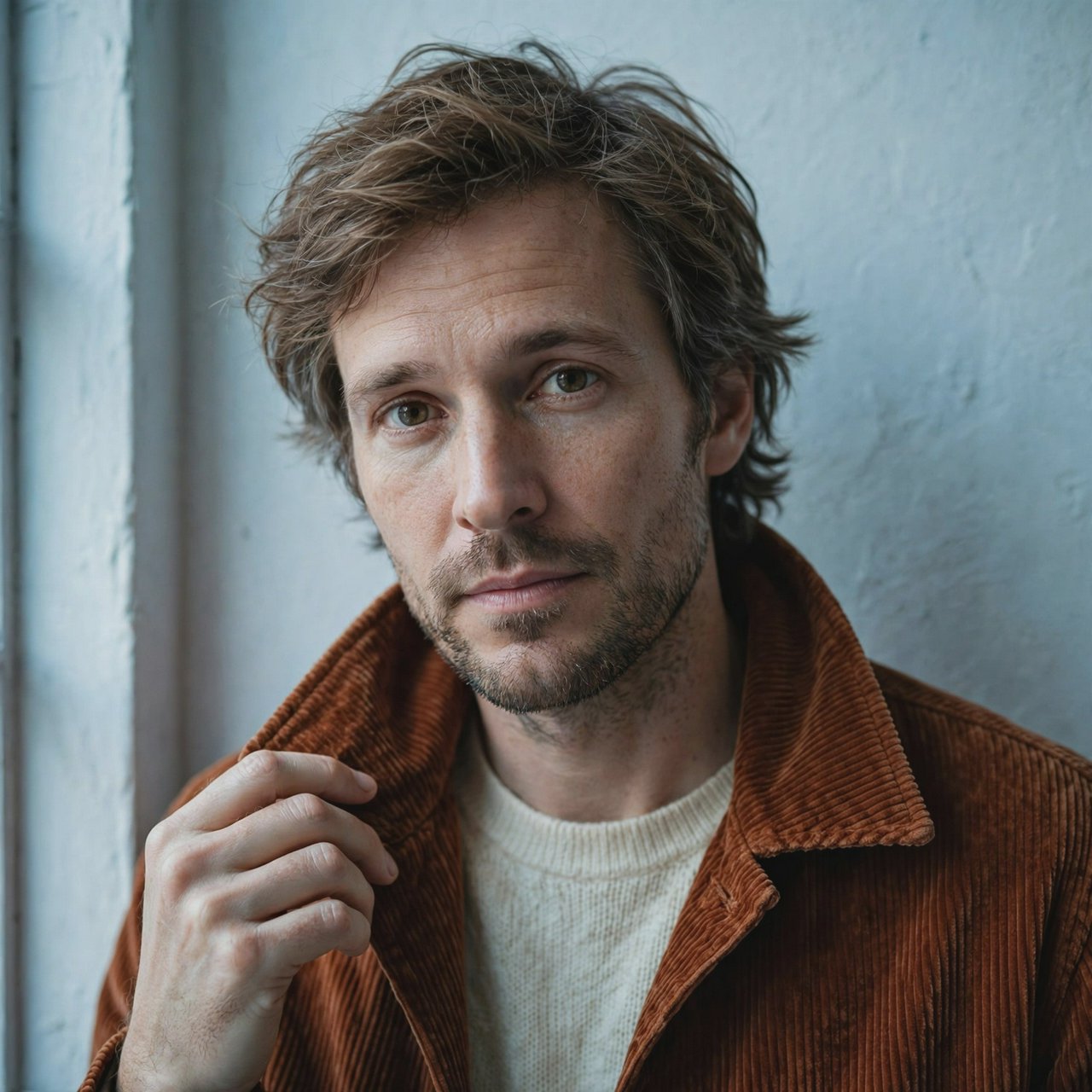 Portrait photograph of an adult man in his late 30s wearing a rust-colored corduroy overshirt over a cream knit, fingertips resting on its broad collar. His quietly curious gaze meets the camera against a pale blue plaster backdrop, softly lit by cool side-window light. — Muse Image 1.0