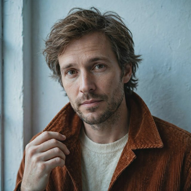 Portrait photograph of an adult man in his late 30s wearing a rust-colored corduroy overshirt over a cream knit, fingertips resting on its broad collar. His quietly curious gaze meets the camera against a pale blue plaster backdrop, softly lit by cool side-window light. — Muse Image 1.0