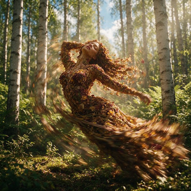 Create an adult odalisque entirely made of anthologies. The odalisque is formed from an anthology, with movement and motion blur that clearly shows its composition. The material should appear high quality, with dappled sunlight. The background is a birch forest, and the overall mood is Futurism. — Seedream 5.0 Pro