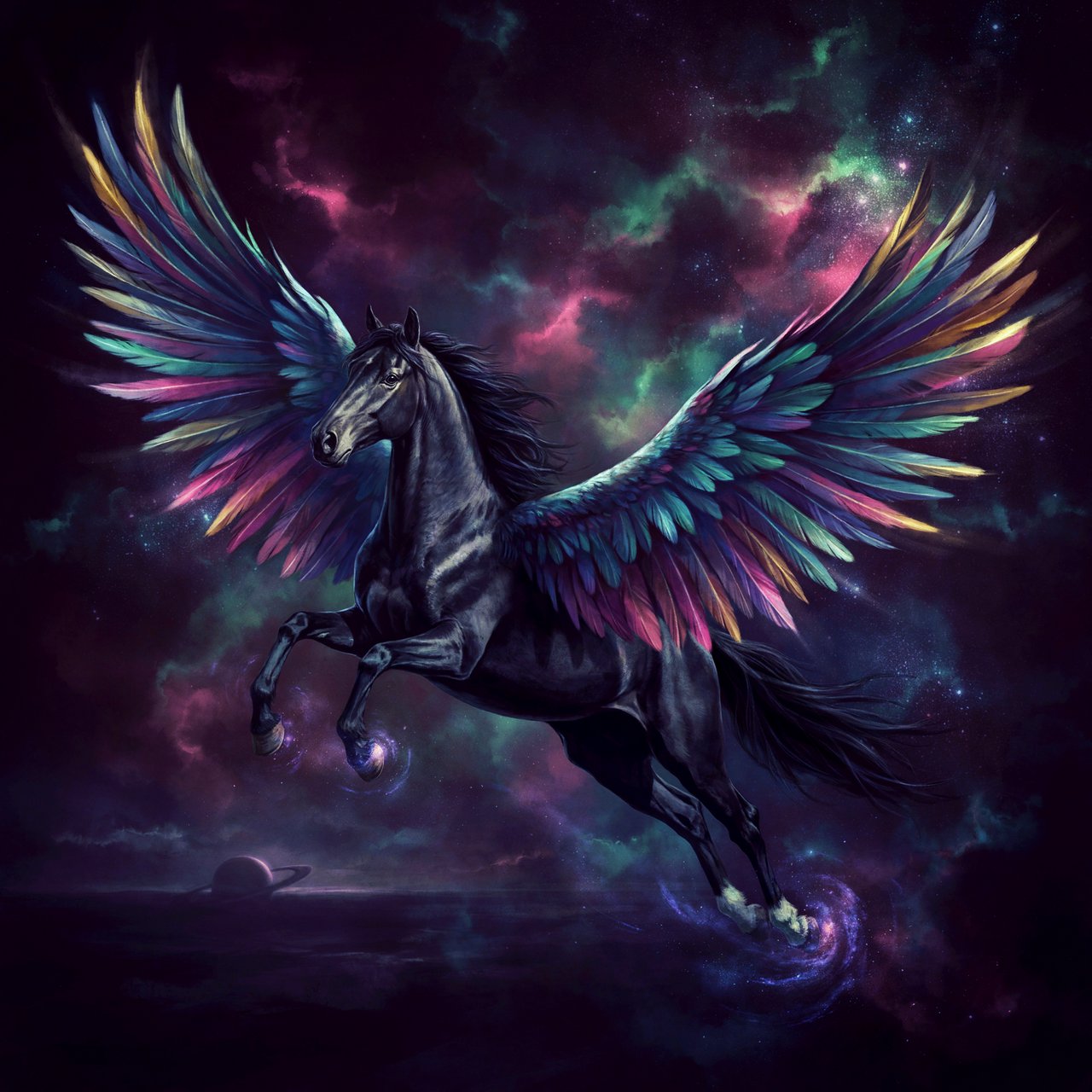 A majestic winged horse, with iridescent feathers and a coat like polished obsidian, is soaring through a celestial realm filled with nebulae and shimmering stardust. Around its hooves, tiny galaxies spiral outwards. The style is reminiscent of intricate fantasy illustration, with glowing, ethereal colors and a sense of deep cosmic wonder — Ideogram v4