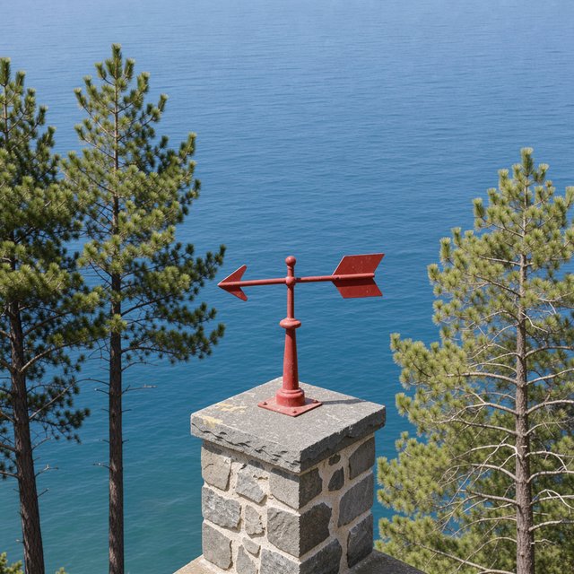 At a coastal overlook, a small red weather vane stands on a stone post. Exactly two dark-green pine trees line the left edge and one pale-green pine tree stands at the right edge; a blue sea fills the background, nothing else. — Model 1