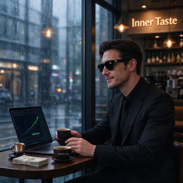 Realistic, a man wearing a black suit and cool shades with the word “G” on them, sitting near a table in a friendly coffee shop with the words “Inner Taste” displayed in the shop, coffee on the table, a coffee cup with the words “Taste like success,” a stack of money on the table, a high-end laptop displaying a successful trade, and rain pouring outside. The vibe is calm and chill. — Seedream 5.0 Flash