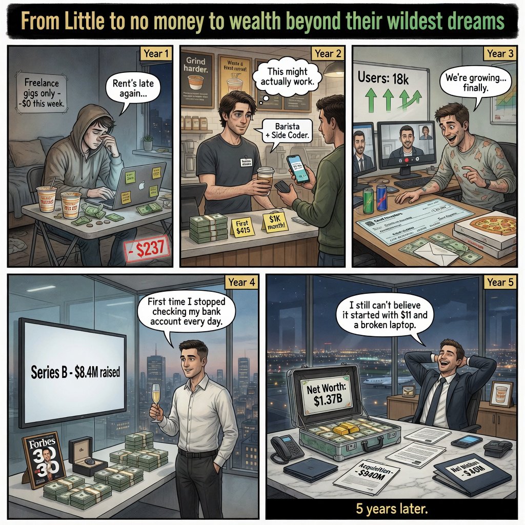 Realistic comic. At least 4 panels. It showcases 5 years of someone's life, from the first year, when they struggled to make money, to the fifth year, when they are worth millions to billions of dollars. Make sure money is seen at least once in the image. At the top, it says "From Little to no money to wealth beyond their wildest dreams". — Grok Imagine Image Quality