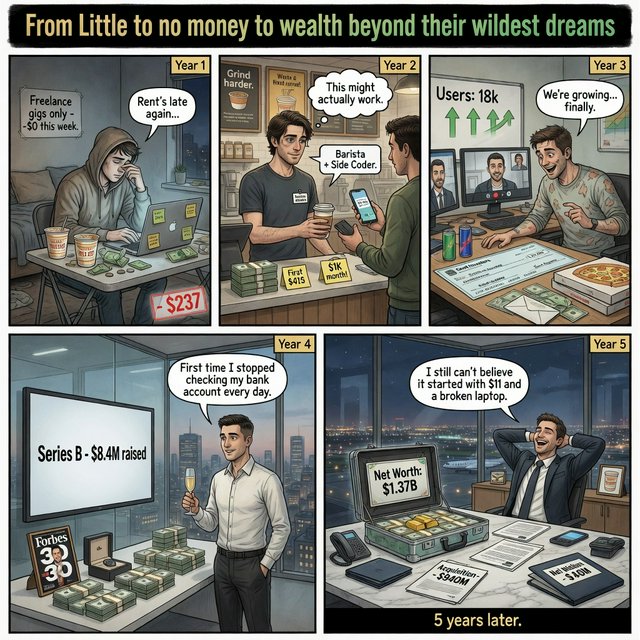 Realistic comic. At least 4 panels. It showcases 5 years of someone's life, from the first year, when they struggled to make money, to the fifth year, when they are worth millions to billions of dollars. Make sure money is seen at least once in the image. At the top, it says "From Little to no money to wealth beyond their wildest dreams". — Grok Imagine Image Quality
