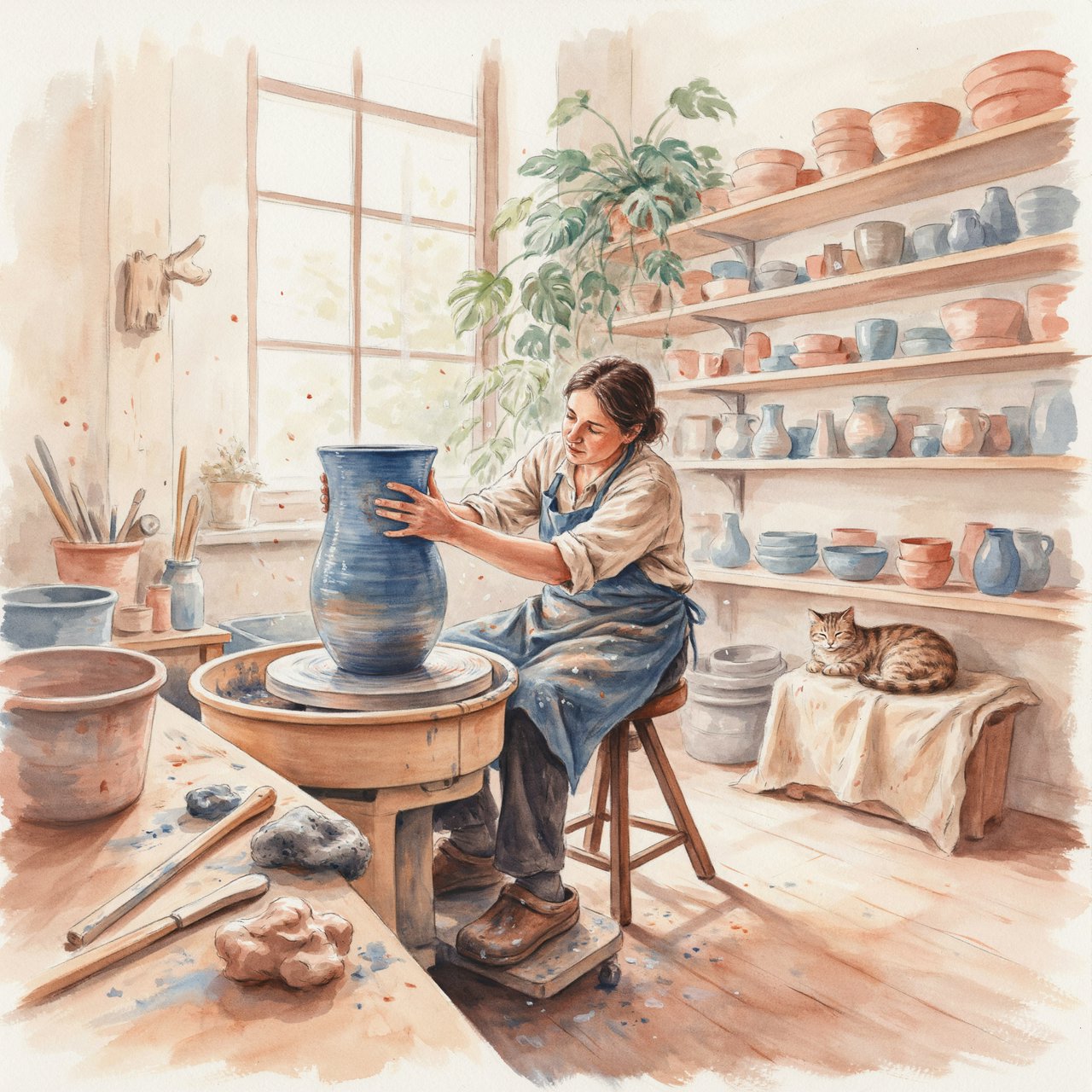 Watercolour illustration of an adult ceramicist shaping a blue-glazed vessel in a sunlit workshop, shelves of unfinished pottery and leafy plants softened by loose brushwork. Palette of terracotta, indigo, warm cream, and sage. — Ideogram v4