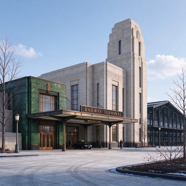 Exterior of an Art Deco railway terminal in pale limestone and dark green glazed brick, with stepped massing, bronze-framed windows, and a broad canopy; clear winter morning light, viewed from the station forecourt, precise lines and credible structure. — Seedream 5.0 Flash