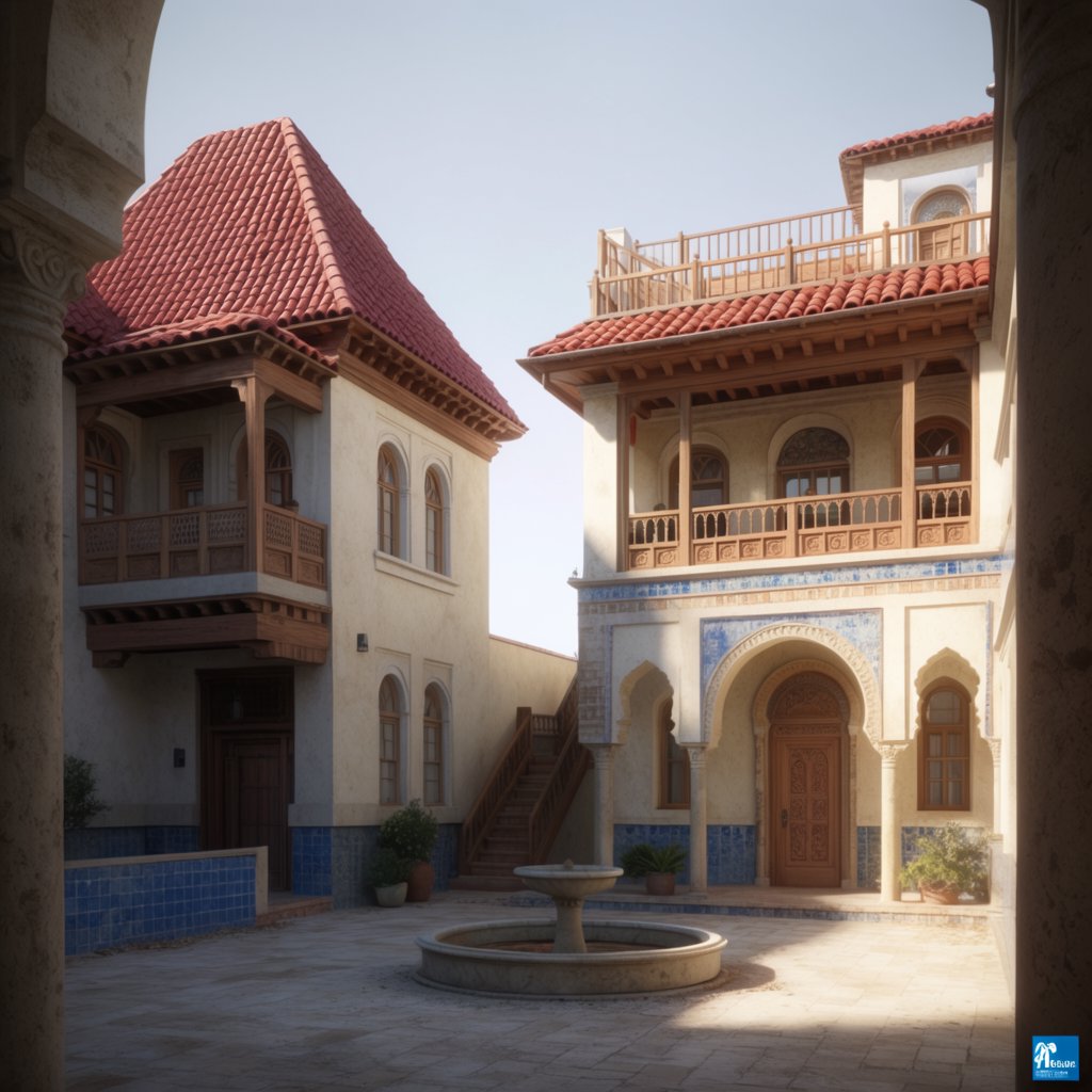 From a shaded courtyard entrance, Moorish Revival residences enclose a tiled fountain court, with cream stucco, carved cedar doors, and blue ceramic bands; late sunlight filters through arcades, revealing aligned walls and credible supports. — Krea 2 Large