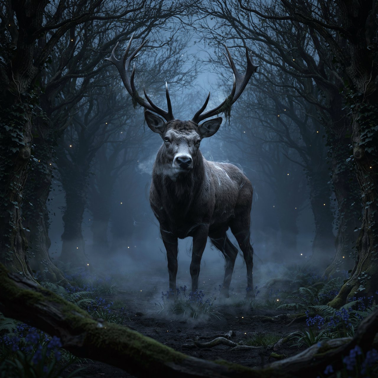 Low-angle wide shot, ancient overgrown oak forest at midnight: a colossal ghost stag looms, its semi-transparent form woven from swirling inky mist threaded with liquid silver moonlight. Polished obsidian antlers cut through shadow, jagged edges catching faint starlight, moss dangling from their points. Heavy hooves press into the loamy forest floor, wild bluebells and ferns curling black and crumbling to ash beneath each step. Hundreds of faint gold fireflies drift slowly through thick volumetric fog, their glows diffused in the haze. Deep indigo and charcoal color palette, somber quiet dread, atmospheric dark fantasy aesthetic, soft dappled moonlight filtering through a gnarled canopy, cinematic depth of field, sharp fine edges on the stag's antlers and decaying foliage. — Ideogram v4