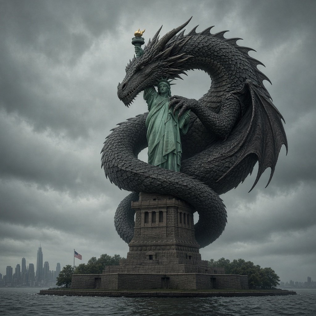 A dragon sleeping on the Statue of Liberty on a moody, overcast day. — Grok Imagine Image 2