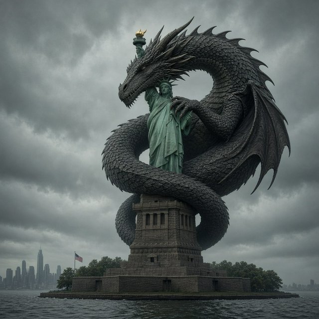 A dragon sleeping on the Statue of Liberty on a moody, overcast day. — Grok Imagine Image 2
