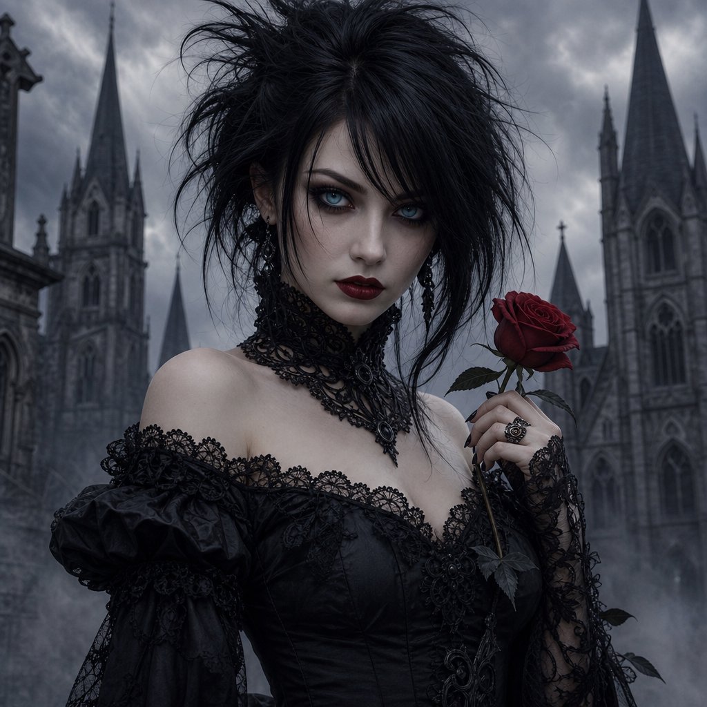 Atmospheric lighting creates soft background gradients through value blending, and surreal dark textures produce cracked surfaces and splatter via organic mark making. The fusion manifests as lace edges, dramatic chiaroscuro, and sharp focal contrast, transforming any subject through meticulous gothic surface modeling. A gothic woman depicted in 2026, with spiky black hair, blue eyes, and pale skin, wearing a black off-shoulder lace dress with a high ornate collar and puffed sleeves, holding a red rose. Close-up at eye level, the woman facing forward with her head slightly tilted, gazing directly at the viewer, holding a red rose in her right hand near her shoulder. Scene set before a gothic cathedral during overcast twilight, with misty atmosphere, featuring tall church spires in the background. — GPT Image 2