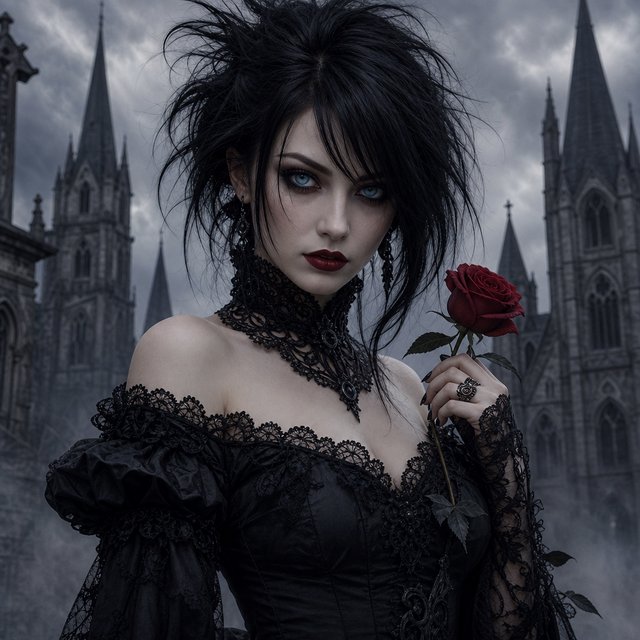 Atmospheric lighting creates soft background gradients through value blending, and surreal dark textures produce cracked surfaces and splatter via organic mark making. The fusion manifests as lace edges, dramatic chiaroscuro, and sharp focal contrast, transforming any subject through meticulous gothic surface modeling. A gothic woman depicted in 2026, with spiky black hair, blue eyes, and pale skin, wearing a black off-shoulder lace dress with a high ornate collar and puffed sleeves, holding a red rose. Close-up at eye level, the woman facing forward with her head slightly tilted, gazing directly at the viewer, holding a red rose in her right hand near her shoulder. Scene set before a gothic cathedral during overcast twilight, with misty atmosphere, featuring tall church spires in the background. — GPT Image 2