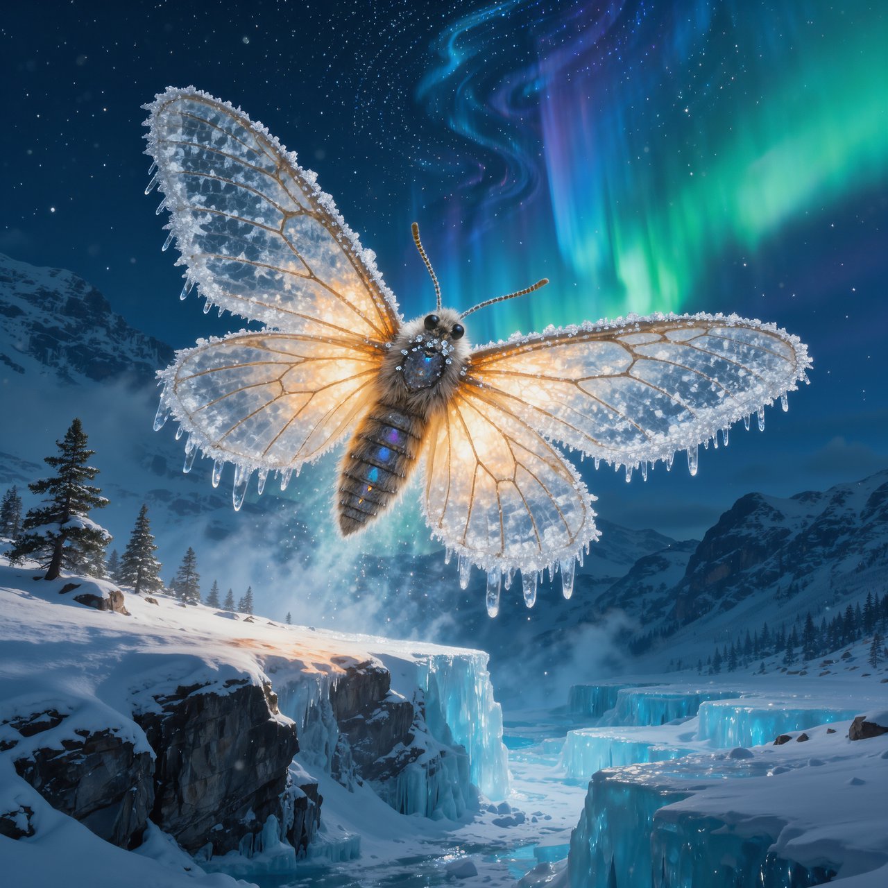 A cathedral-sized mothlike creature glides above a frozen ravine, its translucent wings veined with amber light and fringed with frost. Tiny mountain pines cling to the cliffs as aurora colors ripple across the snow. — Kling v3 Omni