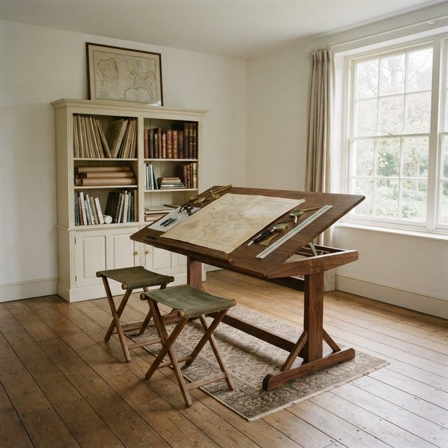A quiet mapmaking room contains exactly one walnut drafting desk at the center, two moss-green stools side by side along its west edge, and one cream bookcase against the north wall; pale morning light, nothing else. — Nano Banana 2 Lite