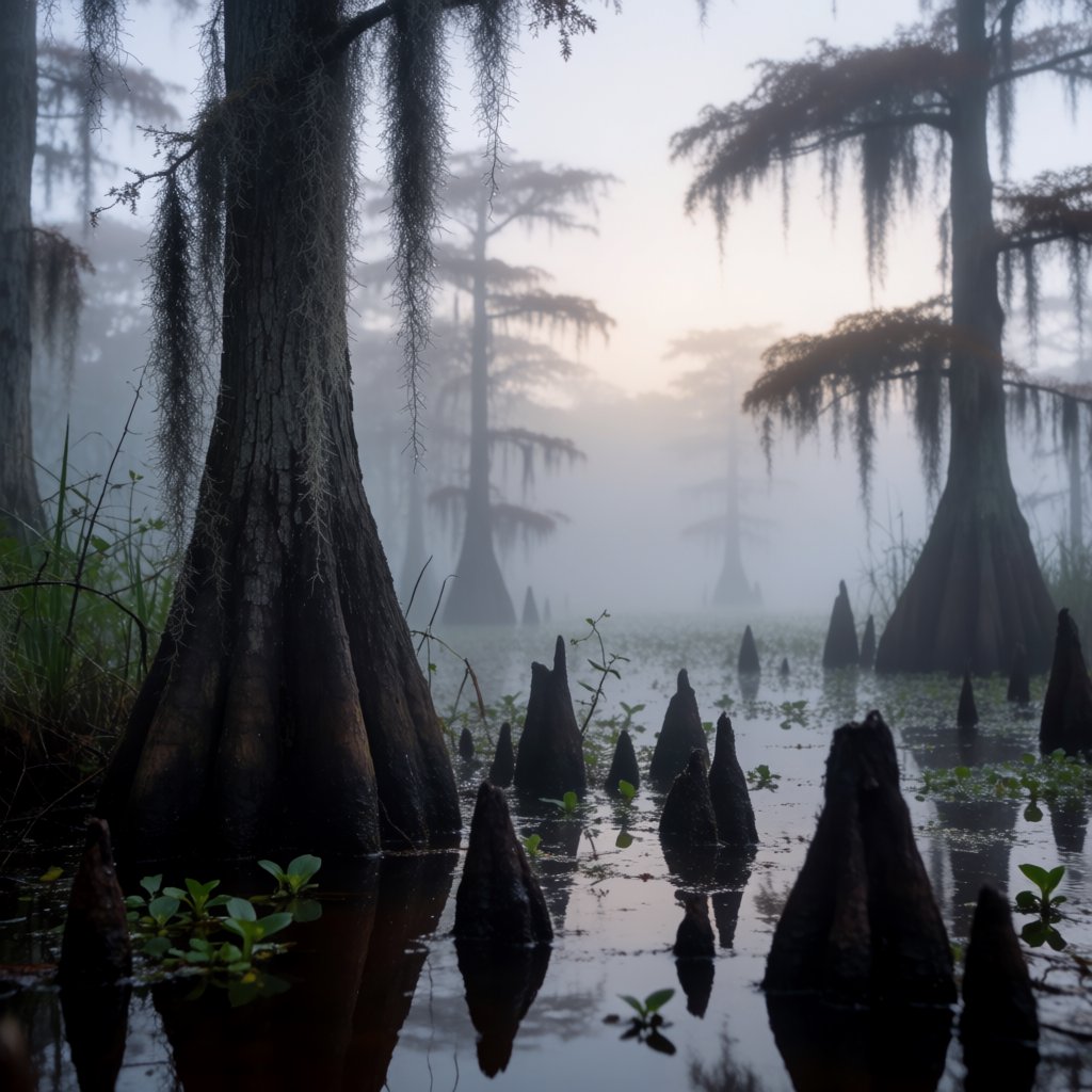 A cypress swamp at foggy sunrise after overnight drizzle, dark tea-colored water threading between moss-draped trunks; slick root knees and floating leaves lead toward pale trees disappearing into layered mist. — Krea 2 Medium