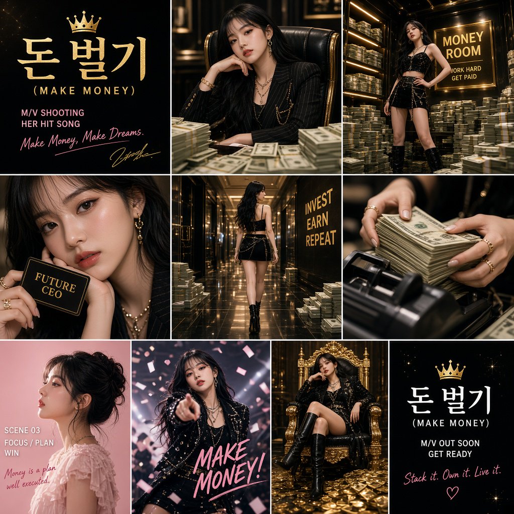 A pretty K-pop idol who is 19–21 years old at a music video shoot. The music video is for her hit song "돈 벌기" (Make Money). The setting of the music video relates to the song name. At least 4 scenes and many angles. — Grok Imagine Image 2