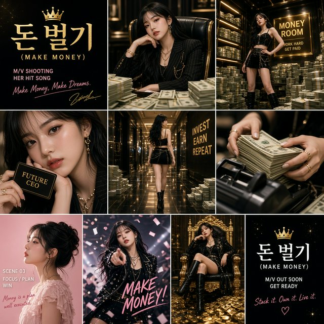 A pretty K-pop idol who is 19–21 years old at a music video shoot. The music video is for her hit song "돈 벌기" (Make Money). The setting of the music video relates to the song name. At least 4 scenes and many angles. — Grok Imagine Image 2
