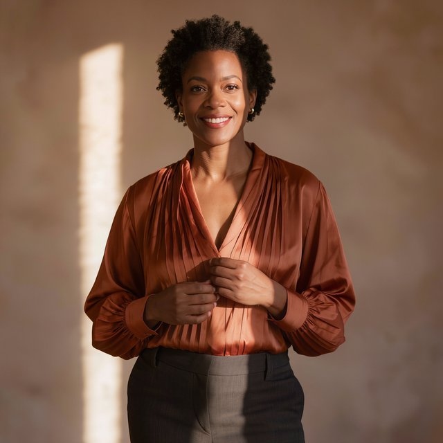 Portrait of an adult Black woman in her 50s wearing a pleated copper satin blouse and tailored charcoal trousers, her hands gently holding the blouse fabric, calm half-smile, warm plaster backdrop, late-afternoon window light grazing her face. — Kling v3