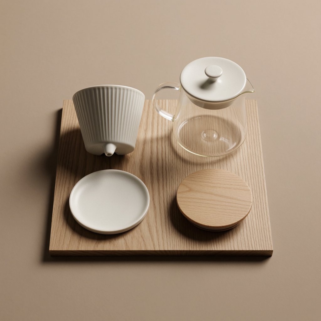 From directly overhead, an unbranded pour-over coffee set with ribbed porcelain and clear borosilicate components arranged in sequence on pale oak; warm taupe background, broad diffused softbox light and gentle side fill shape this commercial product image, no lettering. — Krea 2 Medium