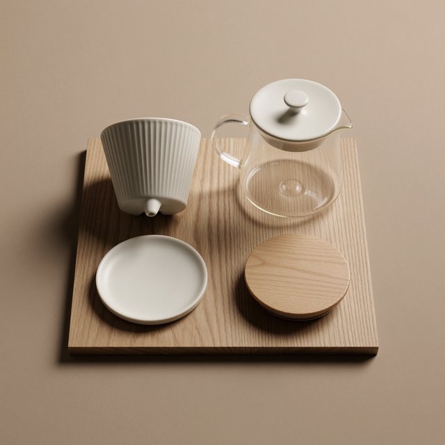 From directly overhead, an unbranded pour-over coffee set with ribbed porcelain and clear borosilicate components arranged in sequence on pale oak; warm taupe background, broad diffused softbox light and gentle side fill shape this commercial product image, no lettering. — Model 12