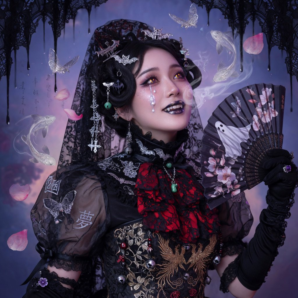 Surreal, ethereal East Asian adult beauty, 21 years old, in maximalist Gothic attire, with the most beautiful expression. — Grok Imagine Image Quality