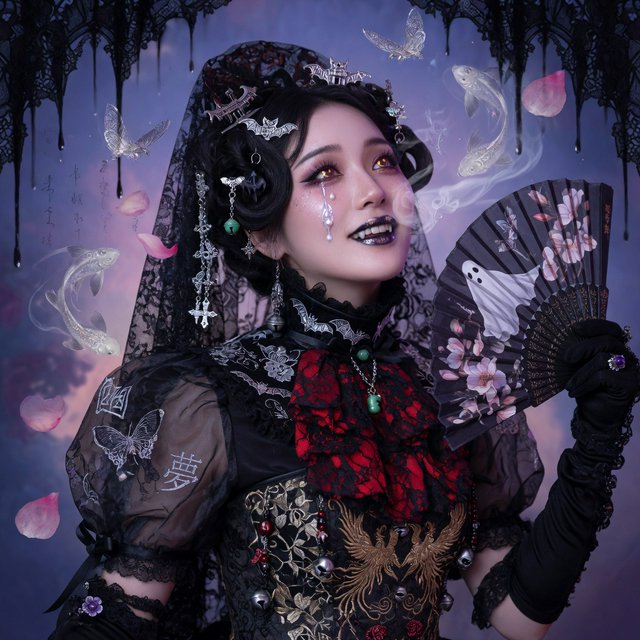 Surreal, ethereal East Asian adult beauty, 21 years old, in maximalist Gothic attire, with the most beautiful expression. — Grok Imagine Image Quality