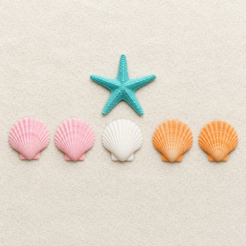 Exactly five seashells lie on pale sand: two pink shells on the left, one white shell in the center, and two orange shells on the right. A turquoise starfish sits above the center shell, nothing else. — GPT Image 2
