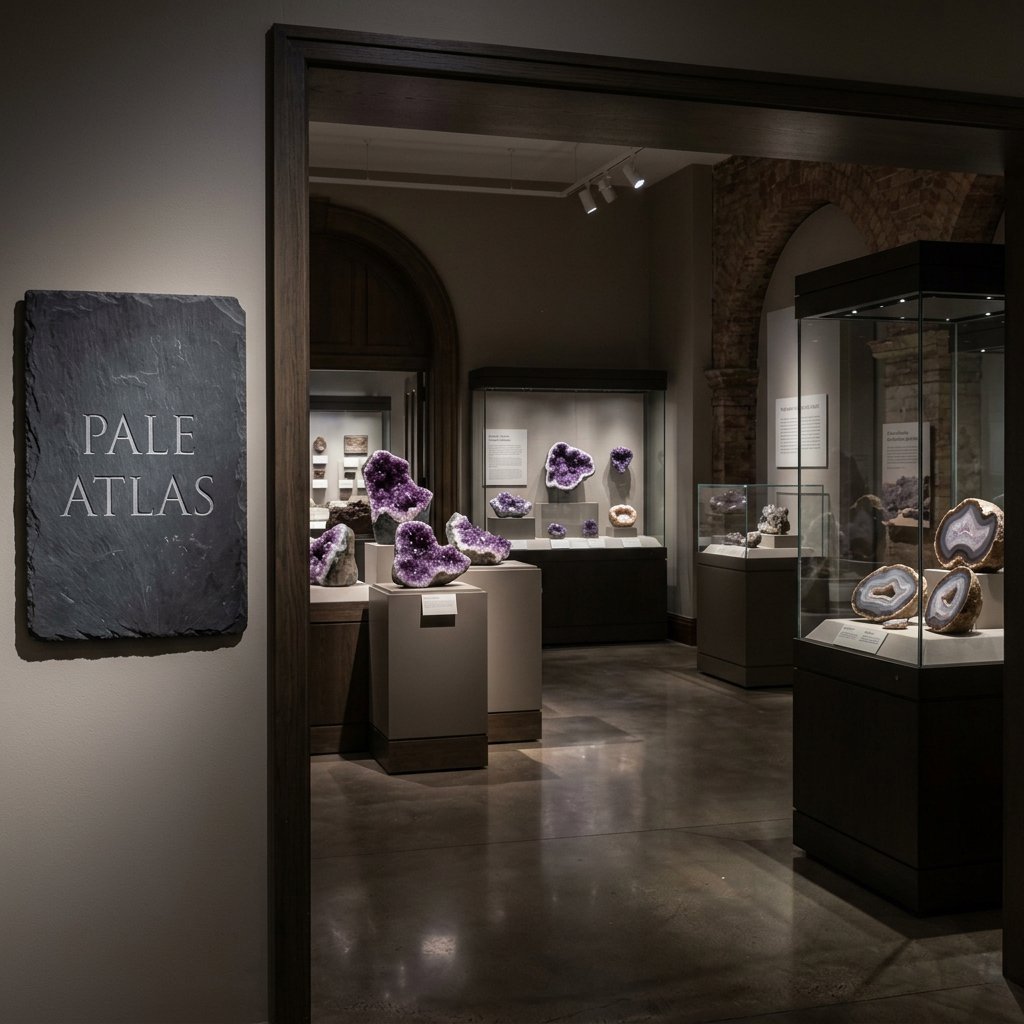 Within a quiet mineral gallery, amethyst clusters and polished geodes catch pools of light; "PALE ATLAS" is carved in clean capitals across a slate plaque beside the entrance. — Nano Banana 2.1