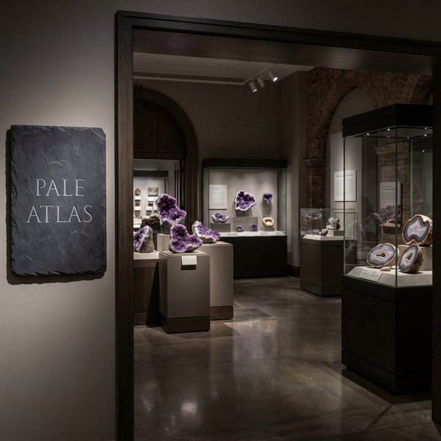 Within a quiet mineral gallery, amethyst clusters and polished geodes catch pools of light; "PALE ATLAS" is carved in clean capitals across a slate plaque beside the entrance. — Nano Banana 2.1