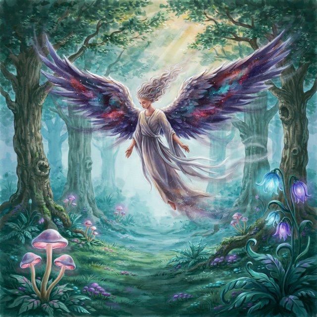 A lone angel with feathered wings, composed of swirling cosmic dust and nebulae, descends into a quiet, enchanted forest. Sunlight filters through the ancient canopy, illuminating wisps of mist and the vibrant, otherworldly plants below. The style is a fusion of hyper-detailed fantasy illustration and soft watercolor techniques, with the polished finish of concept art. — Ideogram v4.5