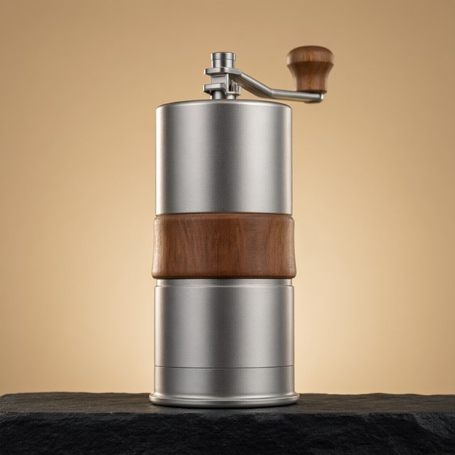 Commercial product photograph of an unbranded portable espresso grinder crafted from anodized aluminum with walnut accents, resting on a black stone surface against a warm beige background, illuminated by broad diffused studio light and a subtle edge highlight. — Qwen Image 3.0