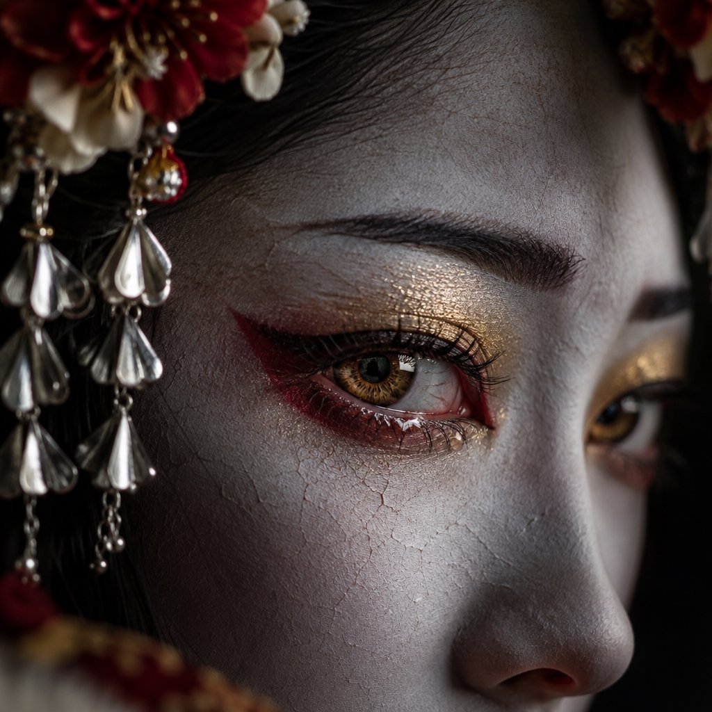 Extreme close-up macro photography of a Geisha's face. The focus is on her eyes, revealing intense emotion and hyper-realistic detail. Her skin is covered in traditional white 'Oshiroi' makeup, showing subtle, realistic cracking and skin texture. Dramatic Chiaroscuro lighting with deep shadows and a single soft light source highlighting the shimmer in her golden eyeshadow and the wetness of her eyes. Ornate kanzashi (hair ornaments) visible in the blurred periphery with intricate silk flowers and dangling silver petals. Cinematic composition, shot on 100mm macro lens, incredibly detailed eyelashes and iris patterns. — GPT Image 2.5 Flare