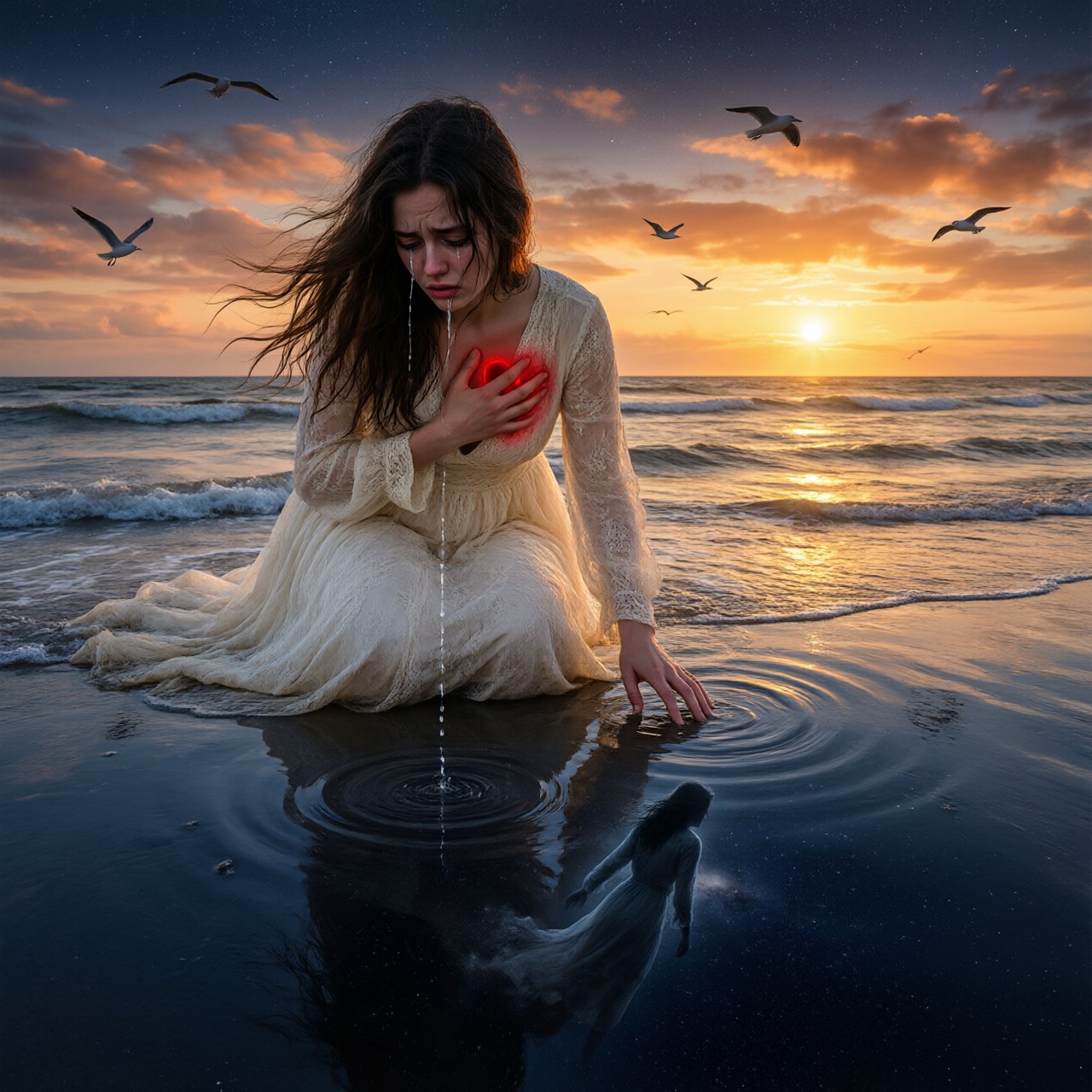 Cinematic, photorealistic artwork of a sorrowful young woman in a flowing ivory lace dress kneels in shallow surf at the waterline during sunset. Her long, windblown dark hair frames her downcast face; a tear flows down her cheek and into the water, one hand presses against her chest, glowing faintly crimson to suggest her still-beating heart, while her other fingertips touch the water. The world behind her remains beautiful: a golden sun shines over restless waves, seabirds cross the sky, and fiery peach clouds fade into star-filled indigo. In the wet sand, her reflection becomes a dark cosmic void. Stars ripple around a fading, ghostlike image of her partner deserting her and dissolving into darkness. The tear forms concentric ripples, disturbing an entire universe. Contrast warm golden life above with cool blue-black devastation below. Natural cinematic lighting, detailed water reflections, realistic anatomy, restrained grief. No text, borders, or collage. — Qwen Image 3.0