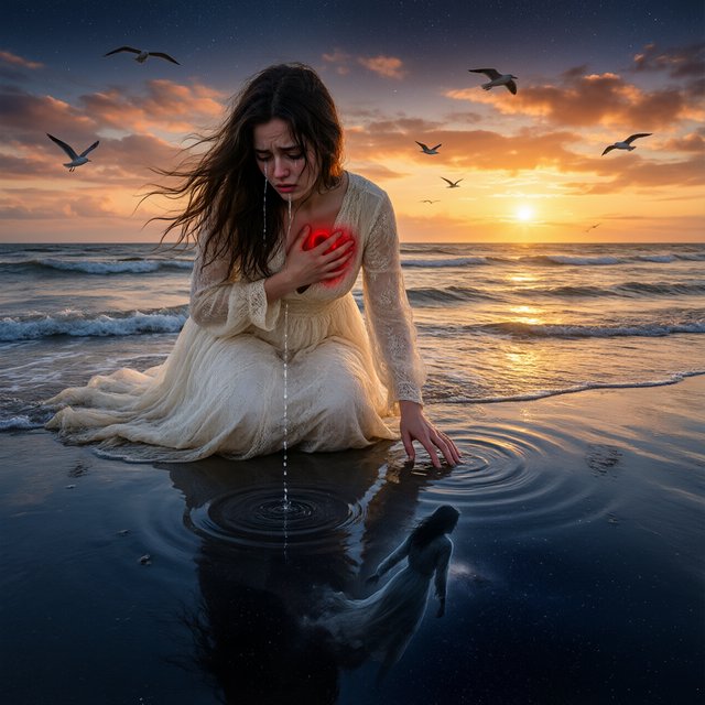 Cinematic, photorealistic artwork of a sorrowful young woman in a flowing ivory lace dress kneels in shallow surf at the waterline during sunset. Her long, windblown dark hair frames her downcast face; a tear flows down her cheek and into the water, one hand presses against her chest, glowing faintly crimson to suggest her still-beating heart, while her other fingertips touch the water. The world behind her remains beautiful: a golden sun shines over restless waves, seabirds cross the sky, and fiery peach clouds fade into star-filled indigo. In the wet sand, her reflection becomes a dark cosmic void. Stars ripple around a fading, ghostlike image of her partner deserting her and dissolving into darkness. The tear forms concentric ripples, disturbing an entire universe. Contrast warm golden life above with cool blue-black devastation below. Natural cinematic lighting, detailed water reflections, realistic anatomy, restrained grief. No text, borders, or collage. — Qwen Image 3.0