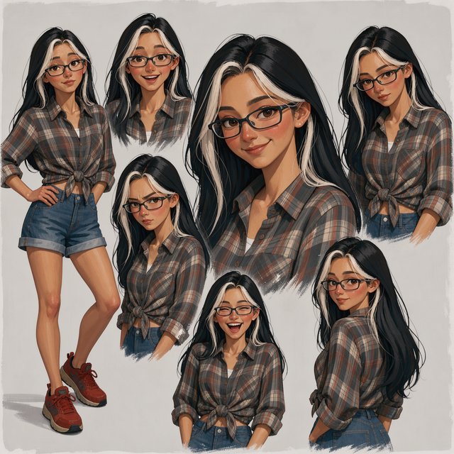 Character exploration sheet of the same woman: several bust and waist-up studies with varied expressions and 3/4 views, including one from behind, glancing over her shoulder at the viewer; one larger central portrait; and one full-length figure at the side, spanning the image height. Plain light-gray background with irregular painted edges. Character: 25-year-old Korean woman with long straight black hair and two platinum face-framing streaks from roots to ends, glasses, tipped almond eyes, Asian skin tone, plaid button-up tied at the waist, cuffed denim shorts, chunky red sneakers. Style: stylized semi-realistic digital painting; animation-inspired proportions, large eyes, strong brows, simplified but solid anatomy, painterly shape-based rendering, minimal linework, soft facial shading, angular clothing brushwork, warm luminous skin with peach/terracotta undertones and rosy cheeks/nose, sculpted hair, muted charcoal/earth palette, soft studio light, loose unfinished edges. — Model 1