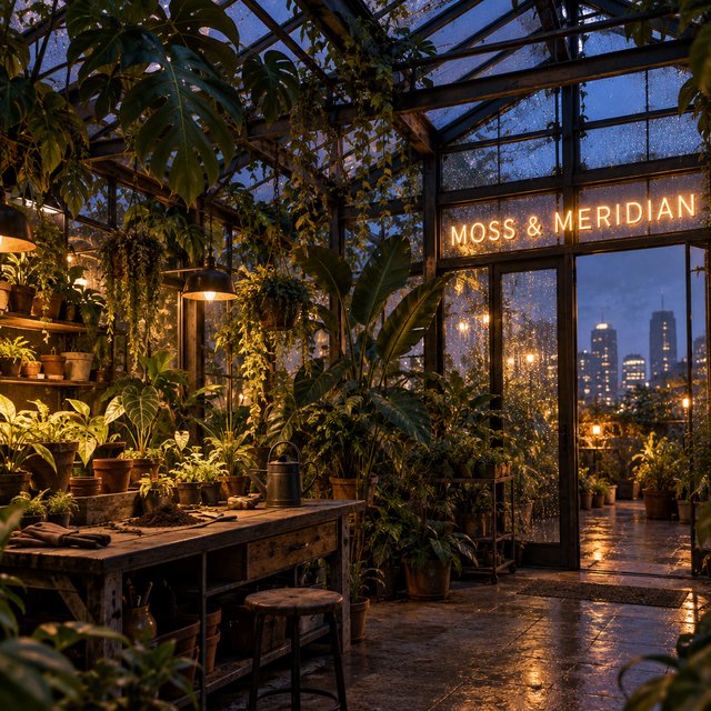 Inside a rooftop greenhouse at blue hour, tropical leaves crowd iron beams above a quiet potting bench; "MOSS & MERIDIAN" glows in warm amber neon along the glass entrance, with rain beads catching the light. — GPT Image 2.5 Sunburst