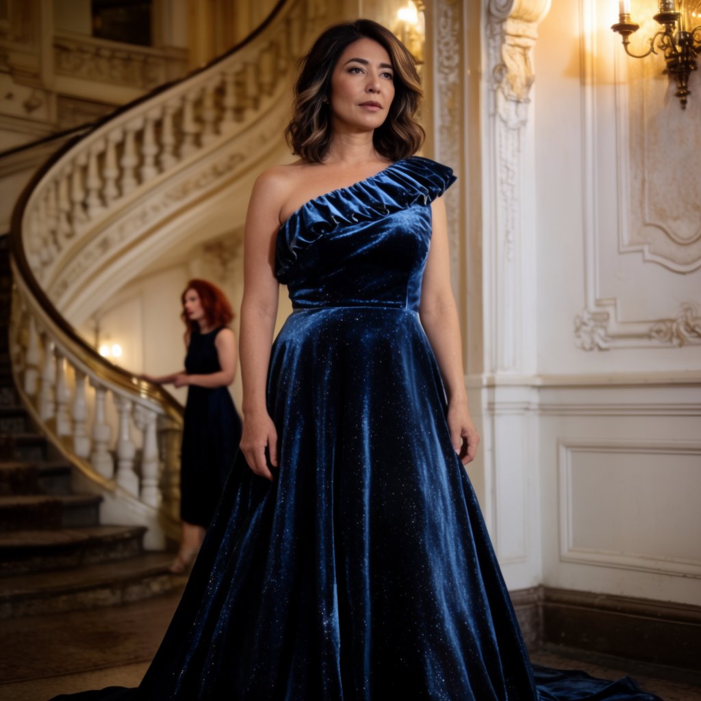 Editorial glamour photograph of an adult woman in a midnight-blue velvet evening gown, standing naturally beside a curved staircase in an old theatre, warm flattering sconce light, relaxed shoulders, poised expression, refined cinematic elegance. — Krea 2 Large