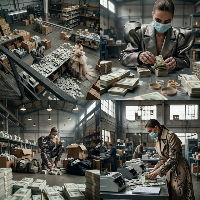 Adult women wearing masks (the kind you wear when you have a cold), in a warehouse, all wearing the kinds of outfits you would see models wear on a runway, counting lots of money (money is seen everywhere, on tables, on the floor, etc.). At least 4 different POVs. — Nano Banana 2.1