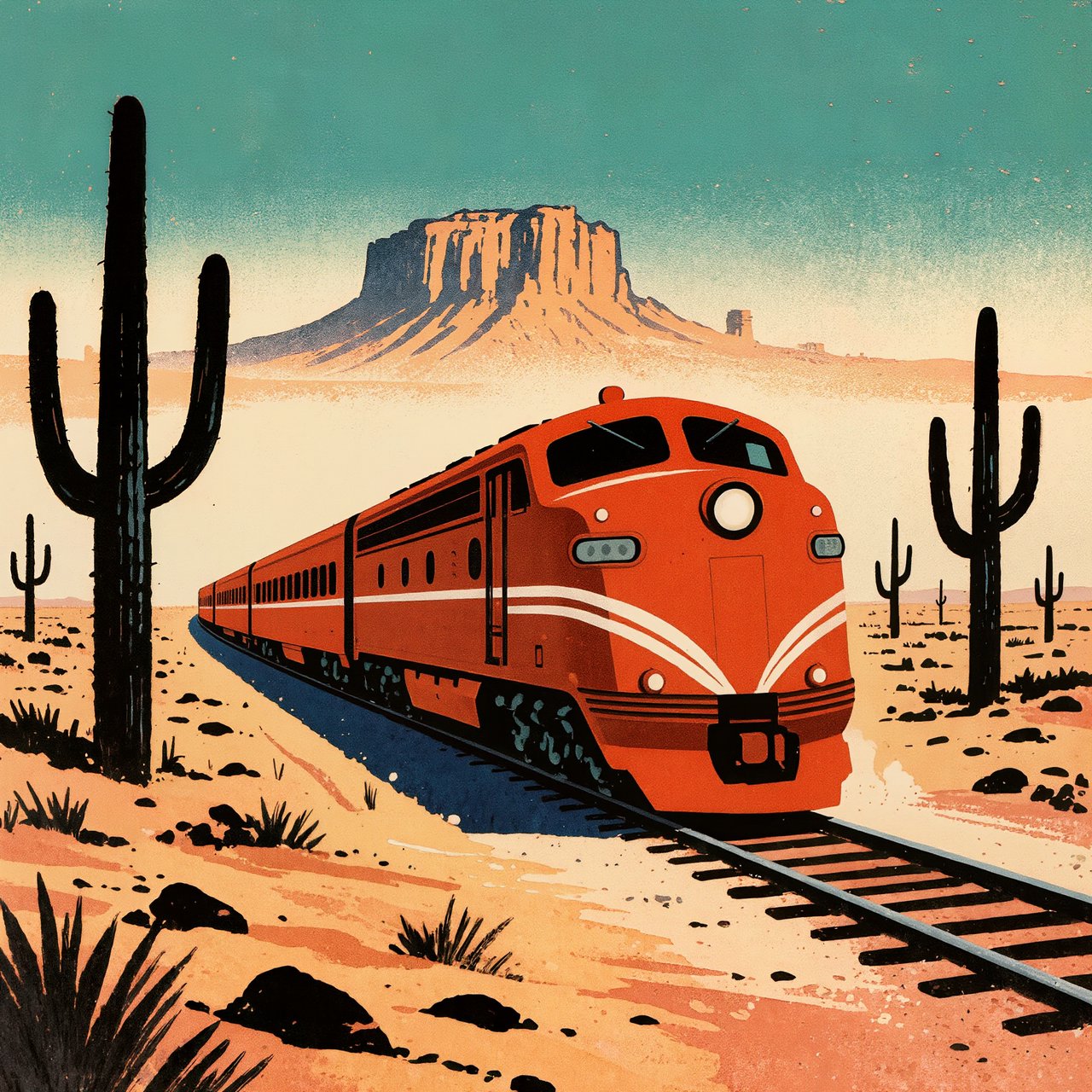 At dawn, a scarlet desert train curves past saguaro silhouettes toward a mesa; screen-printed gouache illustration in mid-century travel-poster style, palette of rust, turquoise, sand, and cream, no lettering. — Kling v3
