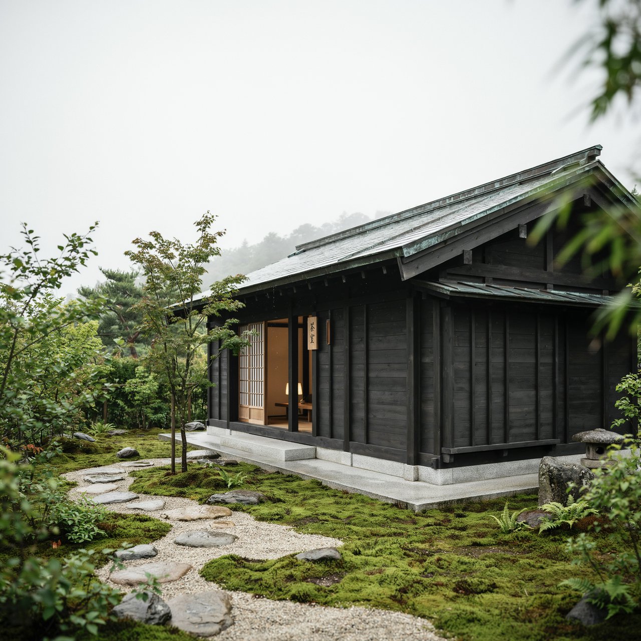 Exterior of a Kyoto-inspired contemporary teahouse in restrained Japanese timber architecture, charred cedar screens, pale granite, and a copper-clad roof; soft rain-bright afternoon light, viewed obliquely from a moss garden path, precise joinery and credible structure. — Ideogram v4