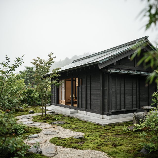 Exterior of a Kyoto-inspired contemporary teahouse in restrained Japanese timber architecture, charred cedar screens, pale granite, and a copper-clad roof; soft rain-bright afternoon light, viewed obliquely from a moss garden path, precise joinery and credible structure. — Ideogram v4