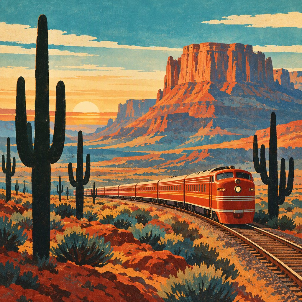 At dawn, a scarlet desert train curves past saguaro silhouettes toward a mesa; screen-printed gouache illustration in mid-century travel-poster style, palette of rust, turquoise, sand, and cream, no lettering. — GPT Image 2.5 Flare