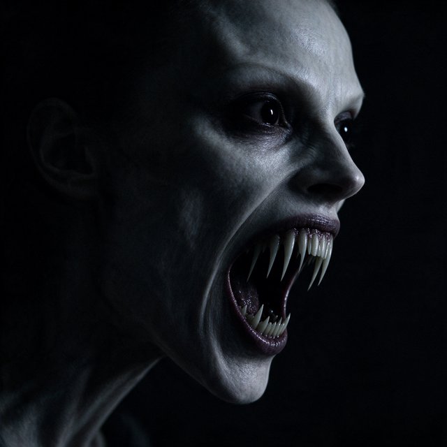 A creepy woman in side profile. Focus on the head with a slightly alien figure. Pale skin. No irises in the eyes. Mouth is open wide with very sharp, long razor teeth. Black background. Chiaroscuro effect. — Seedream 5.0 Flash