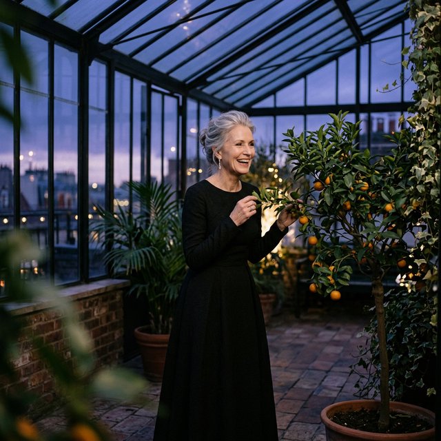At a quiet rooftop conservatory, an adult woman in her early sixties wears a long-sleeved black evening gown, caught laughing softly beside a citrus tree as blue-hour light spills through the glass; poised styling brings fashion-magazine polish. — Model 15