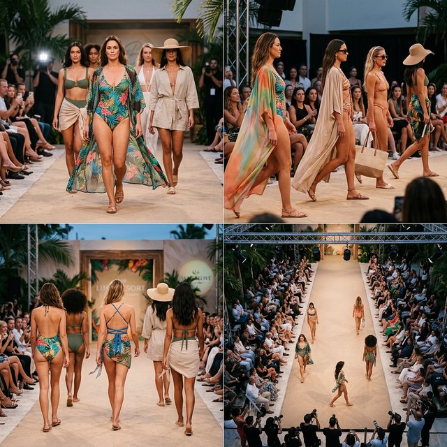 Realistic adult female models on the runway in beachwear. 4–7 models. Full front, back, side, and aerial views. — Model 10
